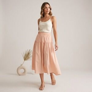 Celebrity Pink Women Midi Skirt Peach Elastic Waist Lace Trim Tiered Size L NWT